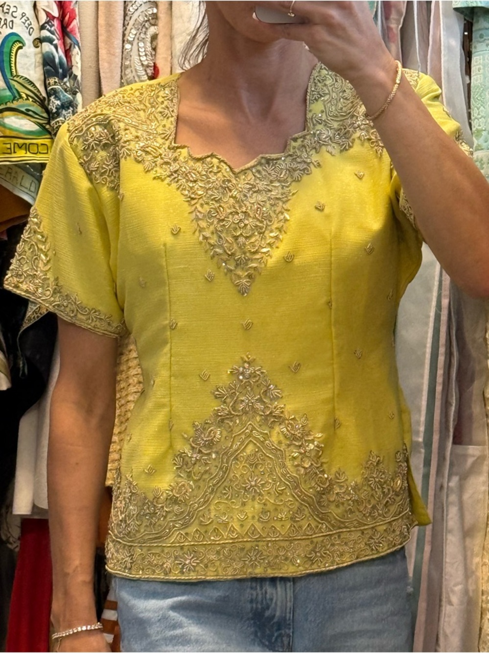 Vintage Embellished Yellow Short-Sleeve Women’s Top